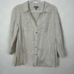 JM Collection 100% Linen Button Up Shirt Natural Cream Neutrals Earthy 16
